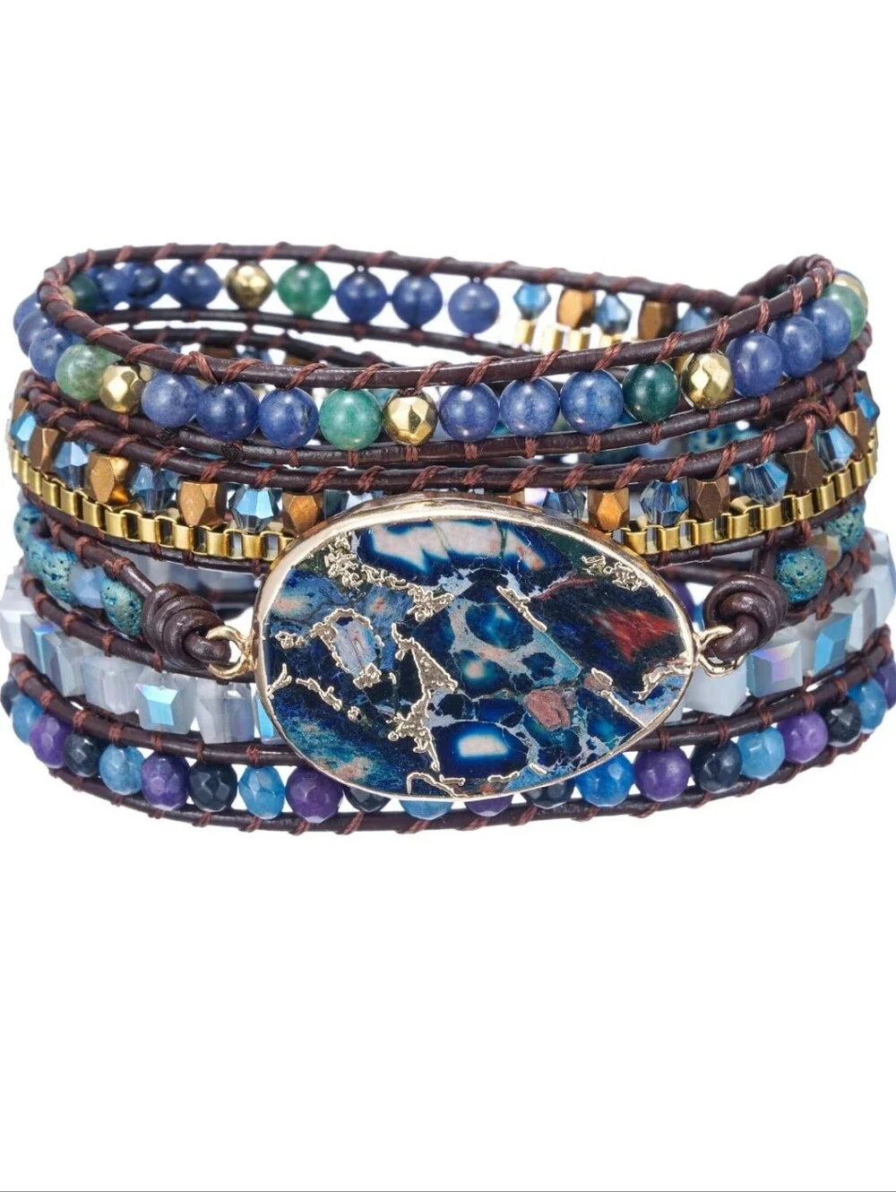 Bohemian Multi-Strand Blue Beaded Wrap Bracelet with Oval Stone